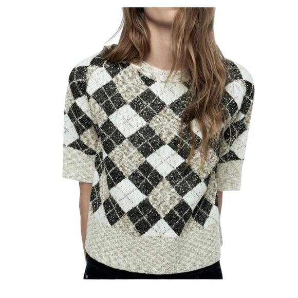 Zara Womens Argyle Short Sleeve cream black brown Metallic Sweater XL - Picture 1 of 9